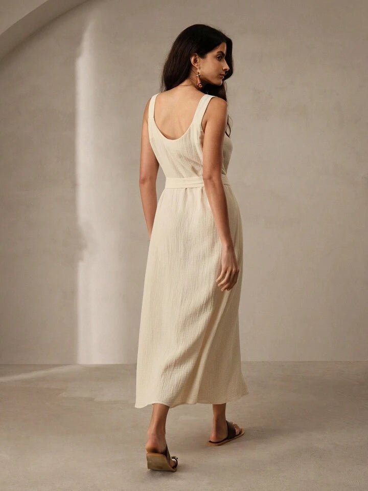 CM-DS023434 Women Trendy Bohemian Style Scoop Neck Double-Layer Cotton Waist-Tied Tank Dress