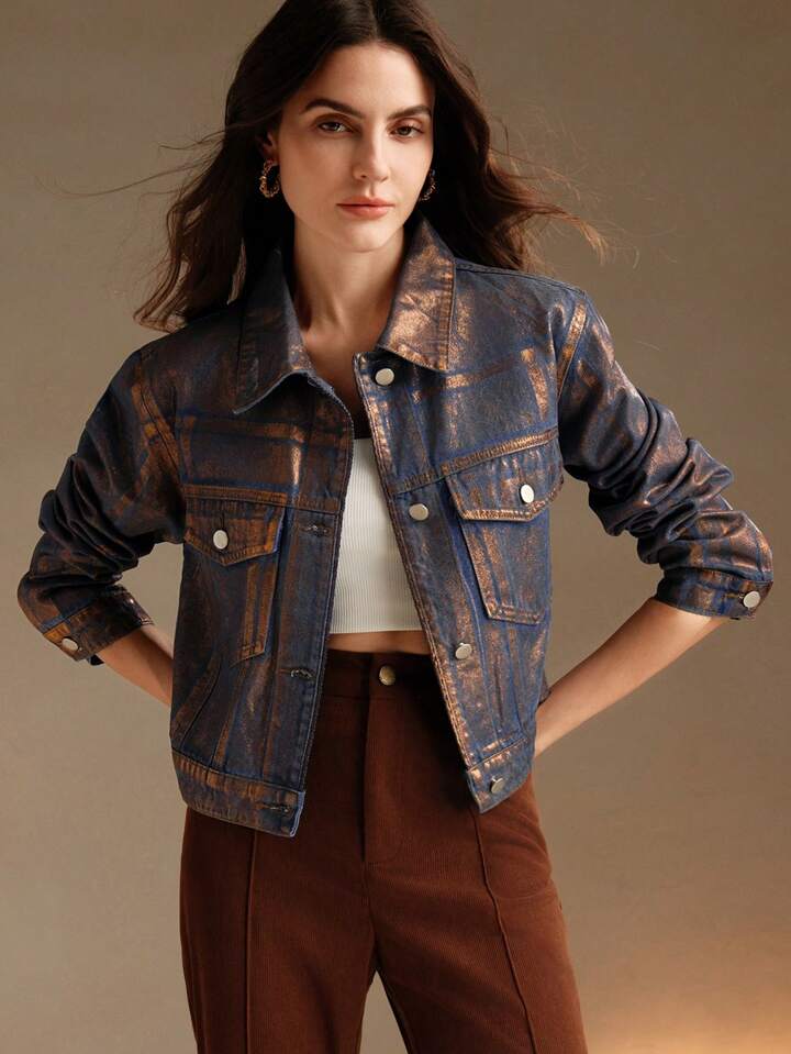 CM-CS152049 Women Casual Seoul Style Embossed Gold Foil Distressed Long Sleeve Denim Jacket