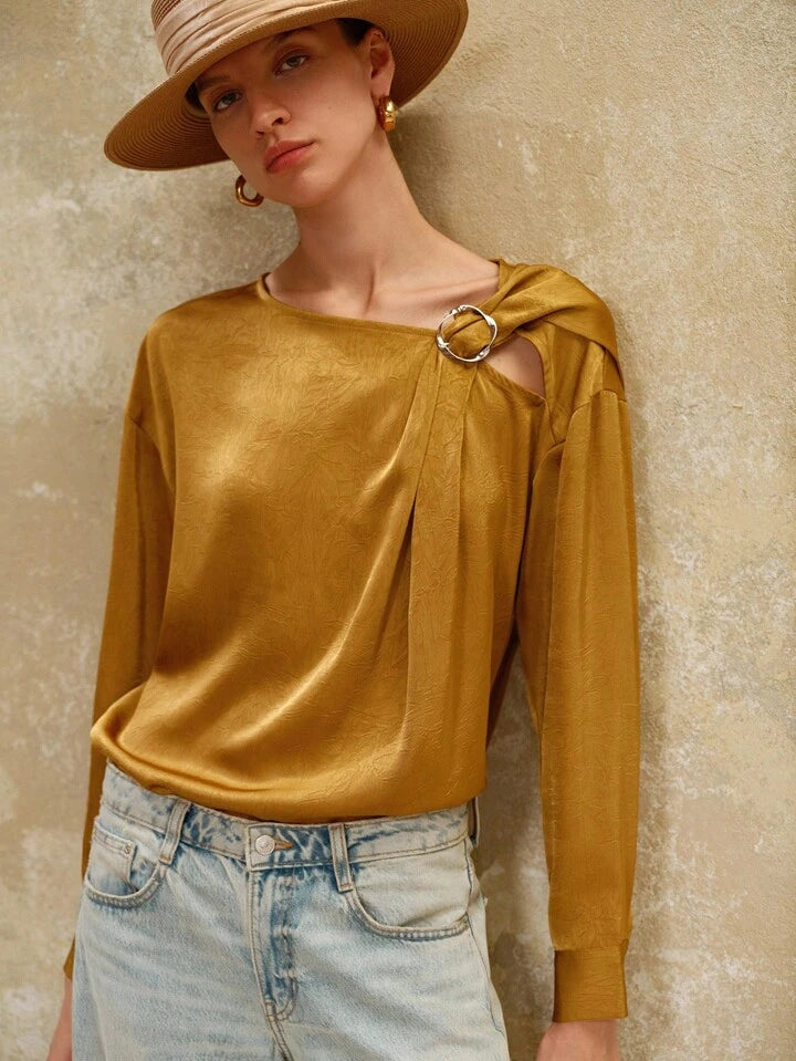CM-TS820543 Women Elegant Seoul Style Pleated Textured Satin Oblique Shoulder Straps Pleated Metal Decor Shirts