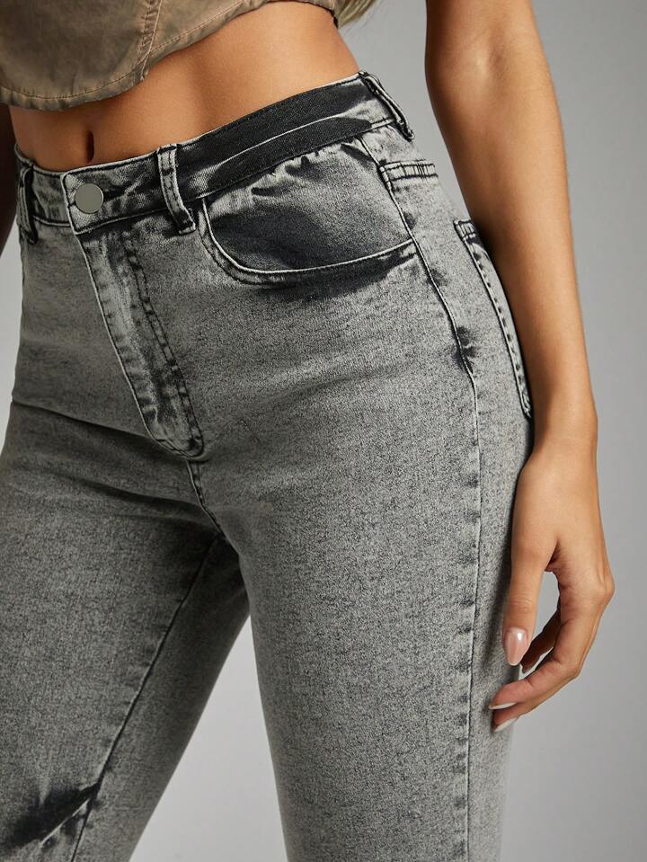 CM-BS954336 Women Casual Seoul Style Distressed Frayed Details Flare Leg Denim Jeans - Light Gray