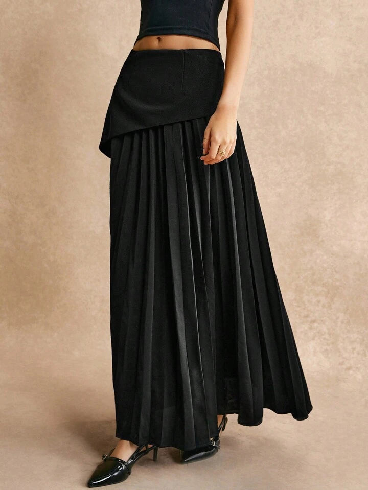 CM-BS137111 Women Elegant Seoul Style High Waist Asymmetric Pleated A-Line Skirt - Black