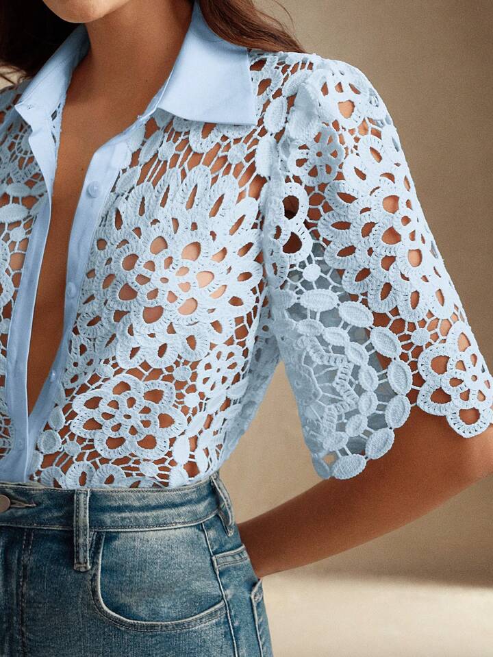 CM-TS564298 Women Casual Seoul Style Collar Neckline Half Sleeve Floral Hollow Out Lace Shirt Blouse - Blue