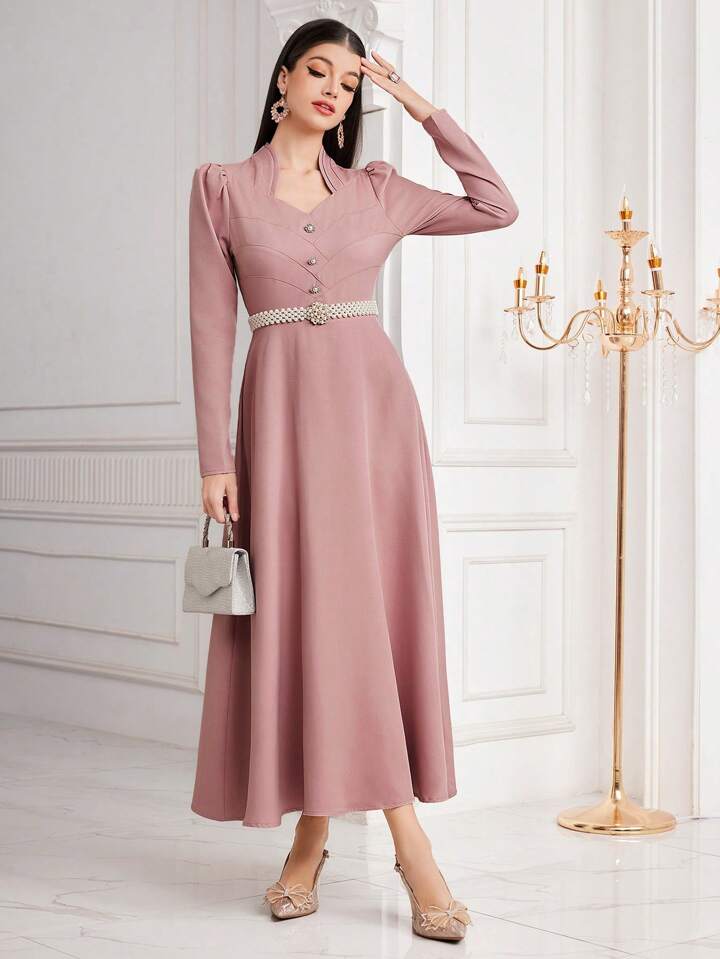CM-DS404115 Women Elegant Seoul Style Sweetheart Neckline Button Detail Belted Dress - Pink