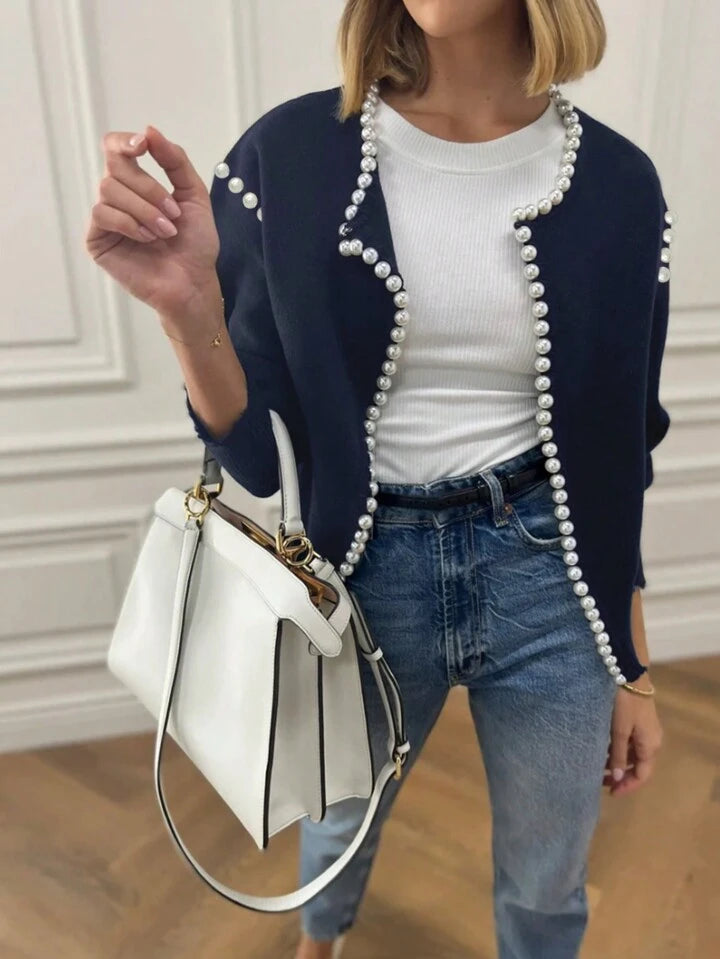 CM-CS610077 Women Casual Seoul Style Pearl Trim Distressed Hem Long Sleeve Knit Sweater - Blue