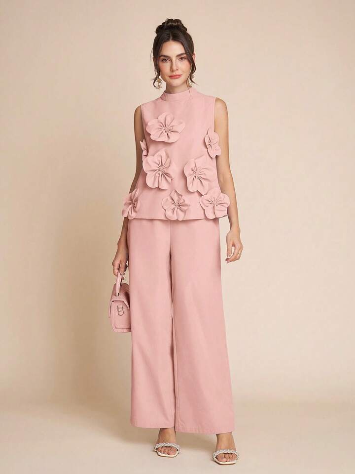 CM-SS304539 Women Elegant Seoul Style Stand Colllar Sleeveless 3D Floral Decor Top With Wide Leg Pants - Set