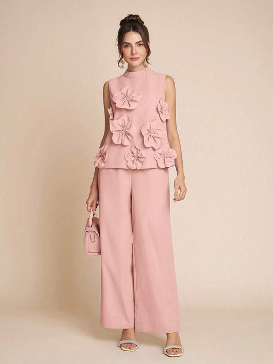 CM-SS304539 Women Elegant Seoul Style Stand Colllar Sleeveless 3D Floral Decor Top With Wide Leg Pants - Set