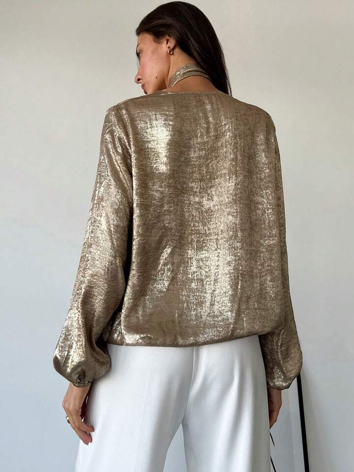 CM-TS134766 Women Elegant Seoul Style Tie Neck Cross-Wrap Lantern Sleeve Shirt - Gold