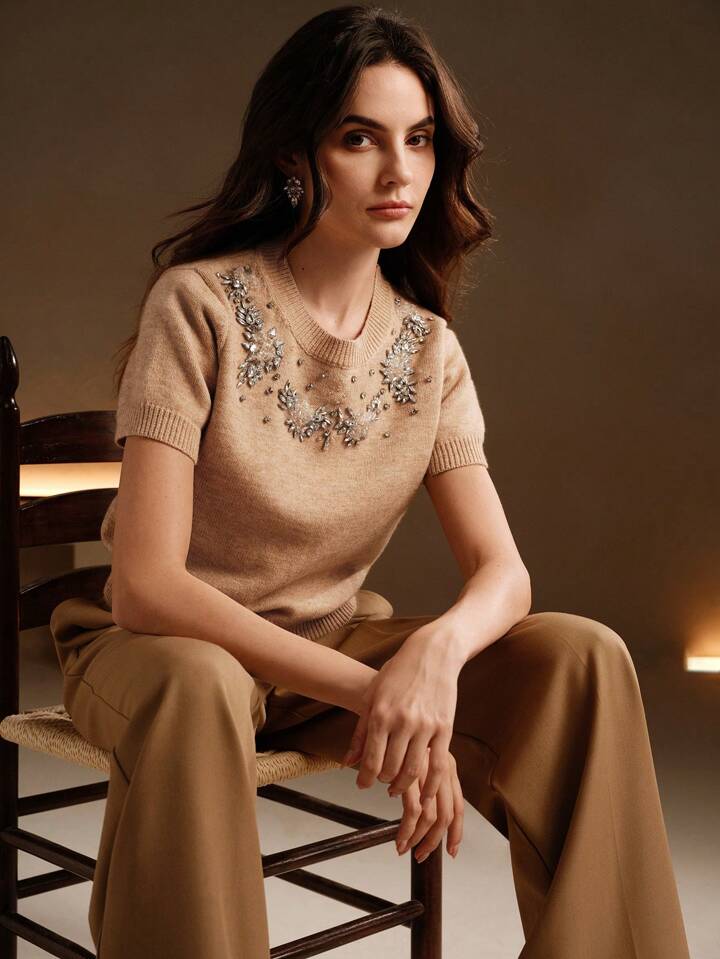 CM-TS091194 Women Casual Seoul Style Round Neck Short Sleeve Embroidered Rhinestone Embellished Knit Top - Khaki