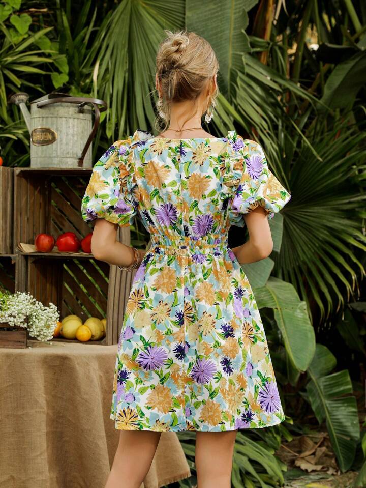 CM-DS825775 Women Trendy Bohemian Style Floral Print Square Neck Puff Sleeve Dress