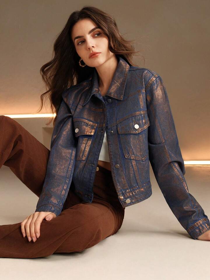 CM-CS152049 Women Casual Seoul Style Embossed Gold Foil Distressed Long Sleeve Denim Jacket