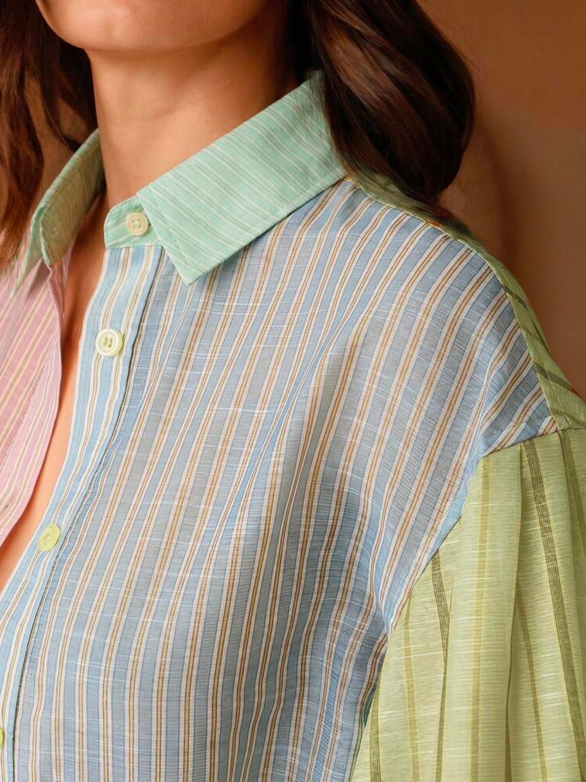 CM-TS613303 Women Elegant Seoul Style Asymmetrical Patchwork Polo Collar Lantern Sleeve Striped Shirt