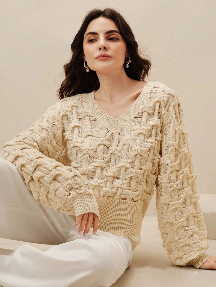CM-CS012624 Women Elegant Seoul Style Faux Pearl Decor Hollow V-Neck Loose Long Sleeve Sweater - Apricot