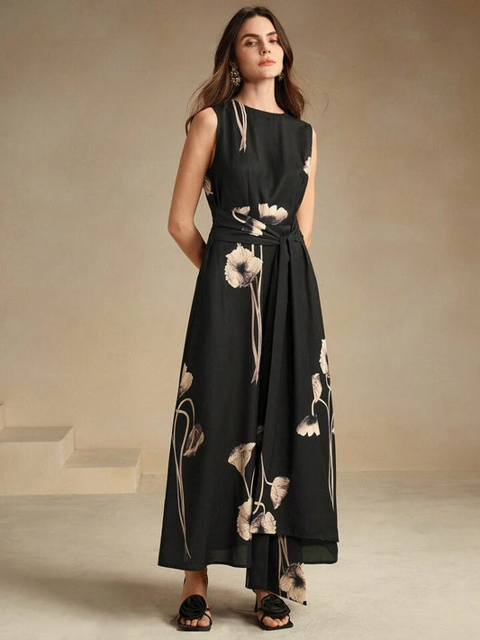 CM-DS243293 Women Elegant Seoul Style Round Neck Sleeveless Floral Printed A-Line Maxi Dress - Black