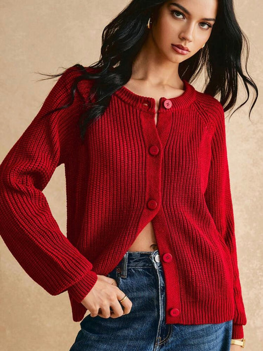 CM-CS671061 Women Casual Seoul Style Solid Color Round Neck Long Sleeve Cardigan - Red