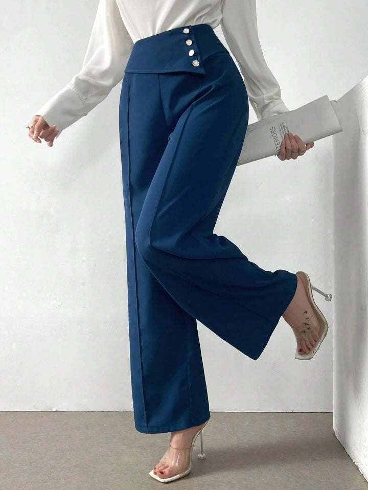 CM-BS457540 Women Casual Seoul Style Solid Color Button Straight Leg Trousers - Teal Blue