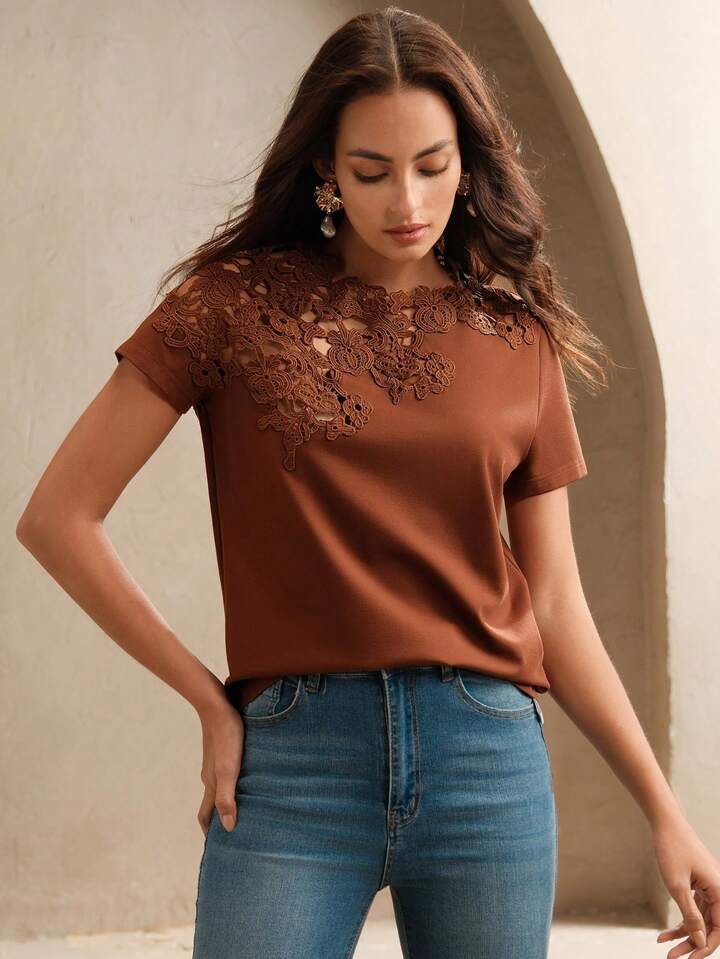 CM-TS115759 Women Casual Seoul Style Lace Crochet Patchwork Hollow Out Short Sleeve Blouse - Coffee Brown