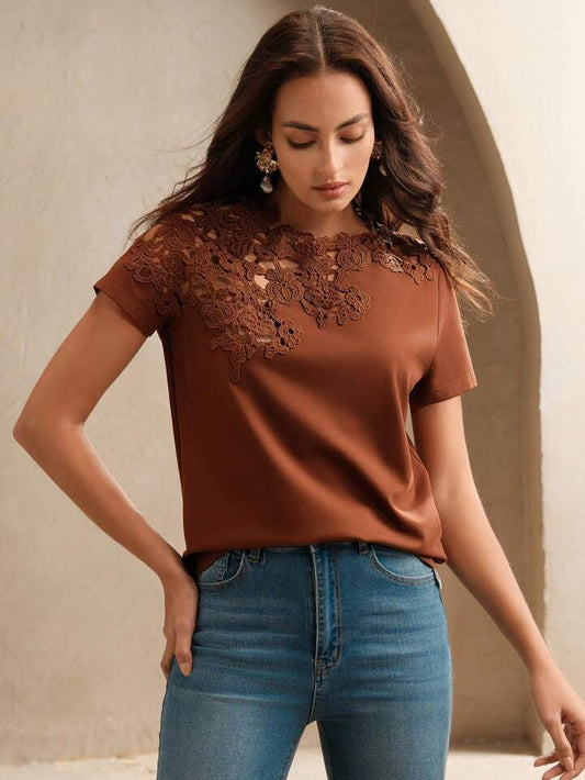 CM-TS115759 Women Casual Seoul Style Lace Crochet Patchwork Hollow Out Short Sleeve Blouse - Coffee Brown