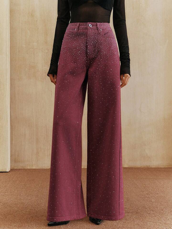 CM-BS349219 Women Elegant Seoul Style Mid Waist Baggy Flared Leg Pants - Burgundy