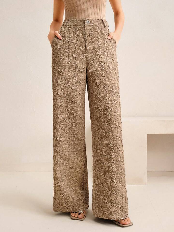 CM-BS456261 Women Elegant Seoul Style Minimalist Textured Wide Leg Pants - Khaki