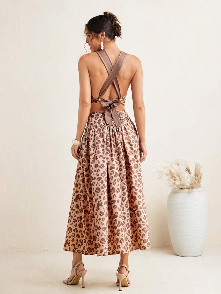 CM-BS390910 Women Elegant Seoul Style High Waist Leopard Print Bow Details Midi Skirt