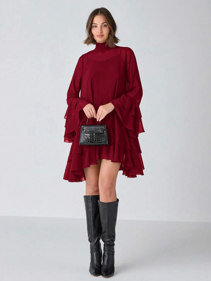 CM-DS336996 Women Elegant Seoul Style Solid Stand Collar Long Sleeve High Waist A-Line Dress - Burgundy