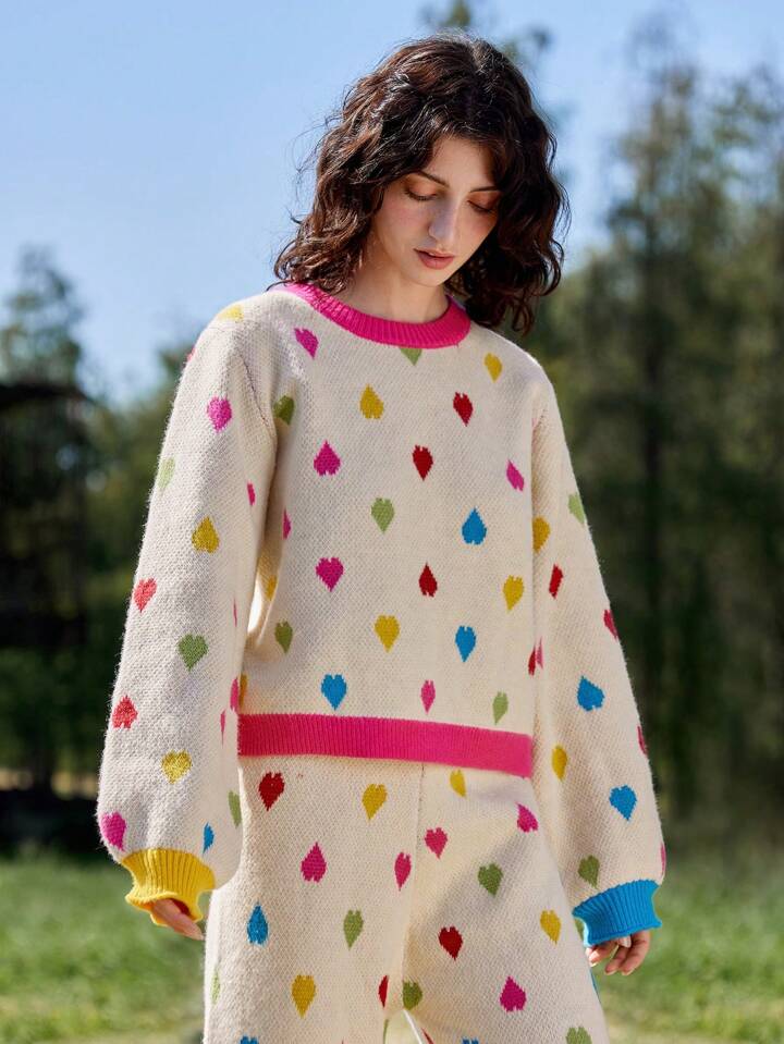 CM-CS199063 Women Casual Seoul Style Contrast Color Heart Pattern Crew Neck Long Sleeve Sweater