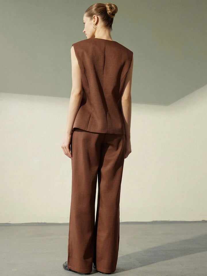 CM-SS840745 Women Elegant Seoul Style Square Neck Sleeveless Double-Breasted Pocket Decor Button Vest With Pants - Set