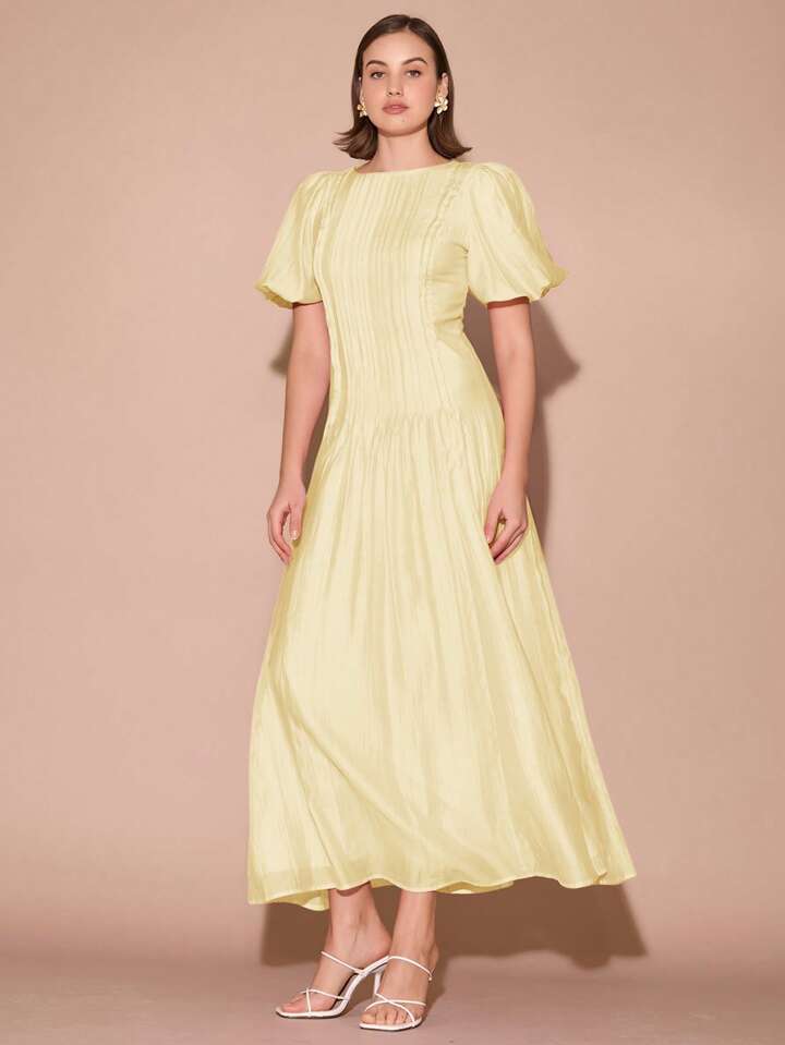 CM-DS122255 Women Elegant Seoul Style Round Neck Bubble Pleat Puff Long Sleeve Maxi Dress - Yellow