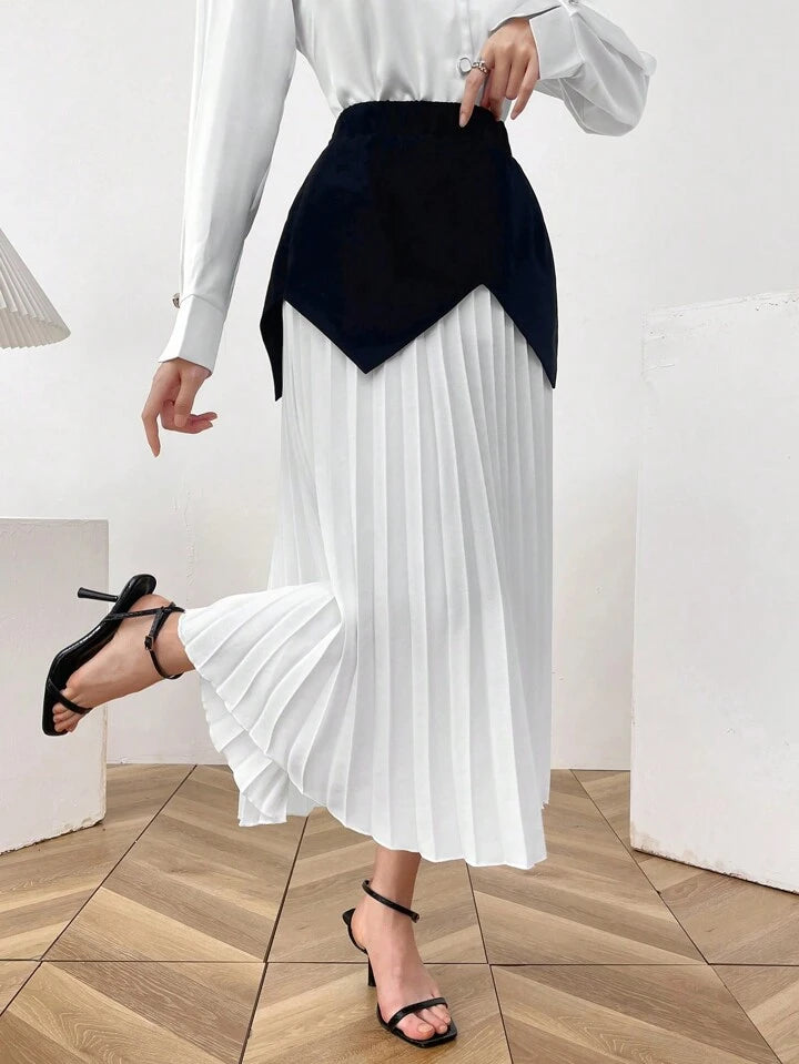 CM-BS695561 Women Elegant Seoul Style Color Block Pleated A-Line Long Skirt