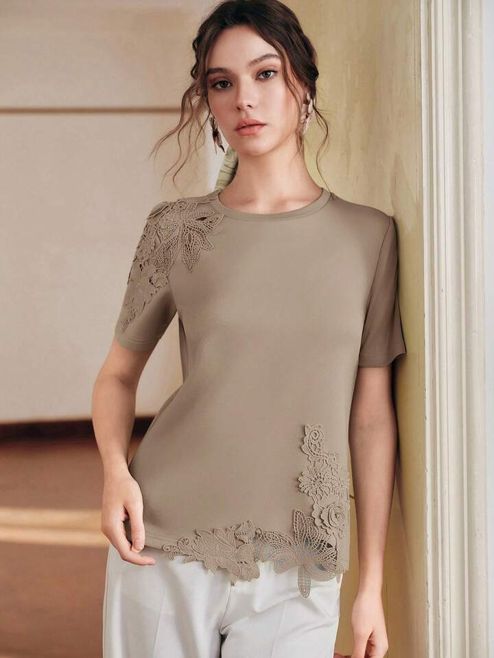 CM-TS777949 Women Elegant Seoul Style Round Neck Short Sleeve Lace Patchwork 3D Embroidered Floral Knit T-Shirt - Khaki