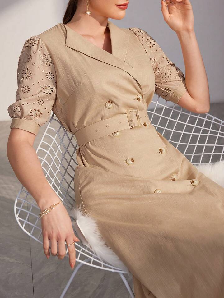 CM-DS145223 Women Casual Seoul Style Hollow Out Embroidery Puff Short Sleeve Shirt Dress - Khaki