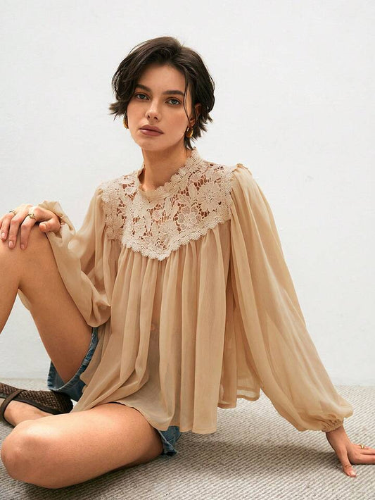 CM-TS438101 Women Trendy Bohemian Style Contrast Lace Lantern Sleeve Loose Blouse - Beige