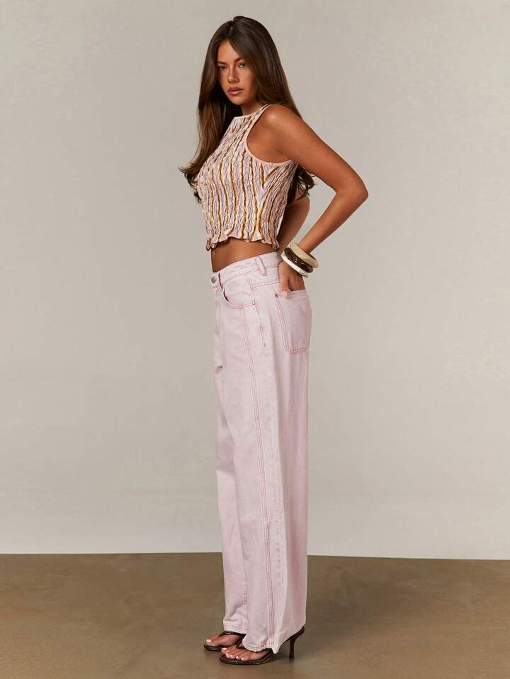 CM-BS023394 Women Casual Seoul Style Mid Waist Extra Long Loose Straight Leg Jeans - Pink