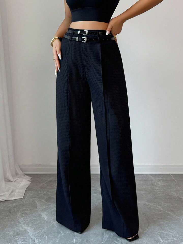 CM-BS675519 Women Elegant Seoul Style Solid Color Mid Waist Waffle Belt Loop Straight Leg Pants - Black