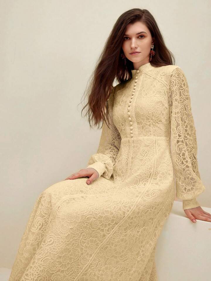 CM-DS007437 Women Elegant Seoul Style Lace Mandarin Collar Long Sleeve A-Line Dress - Apricot
