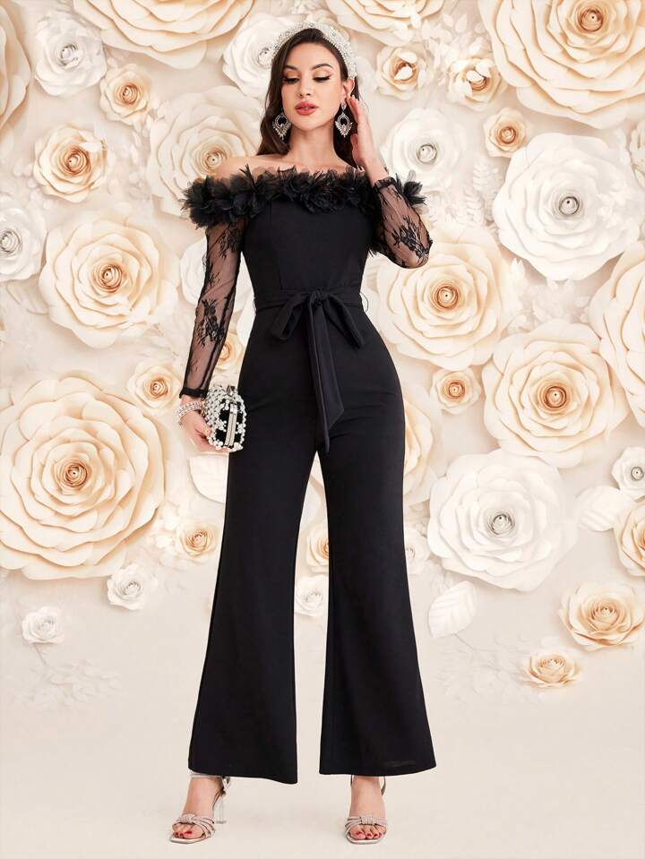 CM-JS463843 Women Elegant Seoul Style Lace Spliced One Shoulder Long Sleeve Jumpsuit - Black