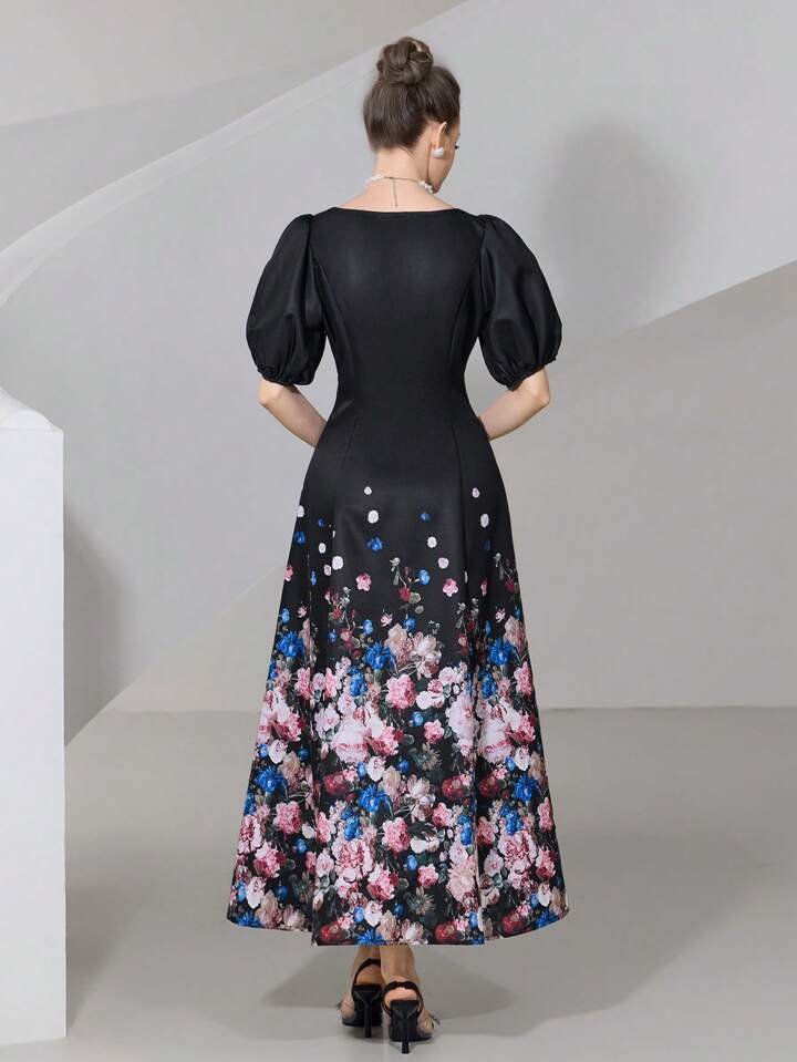 CM-DS656340 Women Elegant Seoul Style Square Neck Puff Sleeve Floral Print Midi Dress - Black