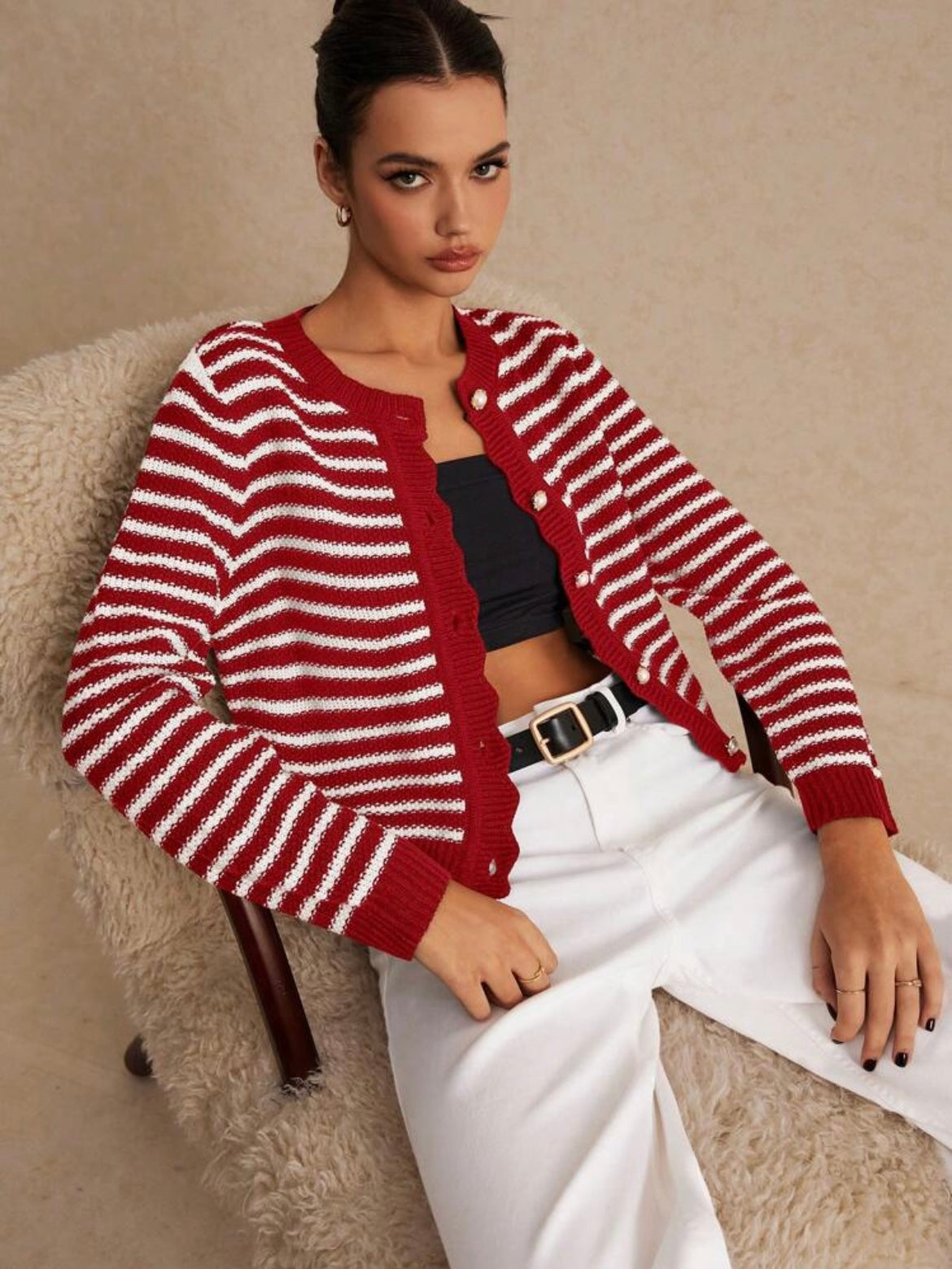 CM-CS697905 Women Casual Seoul Style Striped Print Button Front Long Sleeve Cardigan - Red