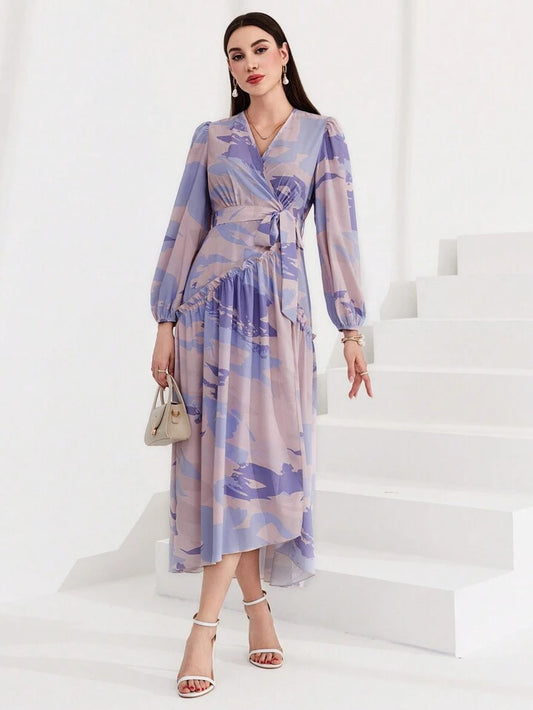 CM-DS911061 Women Elegant Seoul Style Allover Print Lantern Sleeve Belted Dress