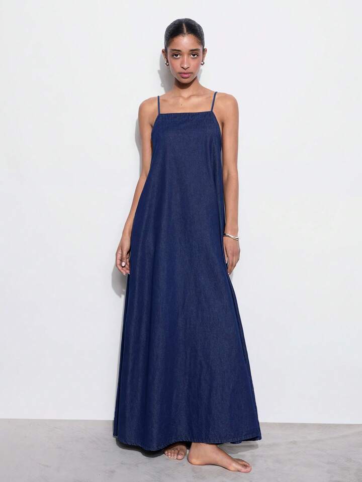 CM-DS922810 Women Casual Seoul Style Dark Wash Spaghetti Strap Slip Backless Denim Dress