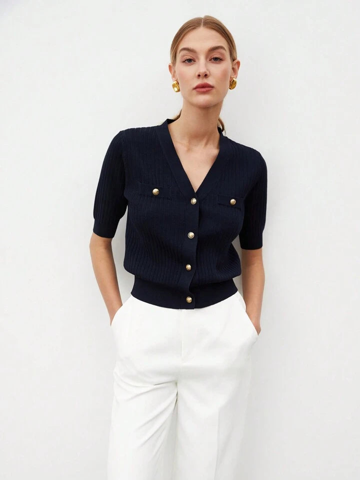 CM-TS515171 Women Casual Seoul Style V-Neck Short Sleeve Button Front Knit Blouse - Navy Blue
