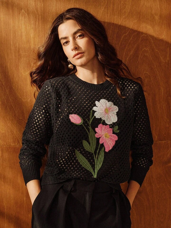 CM-CS369333 Women Elegant Seoul Style Floral Embroidery Hollow Out Crew Neck Long Sleeve Sweater - Black