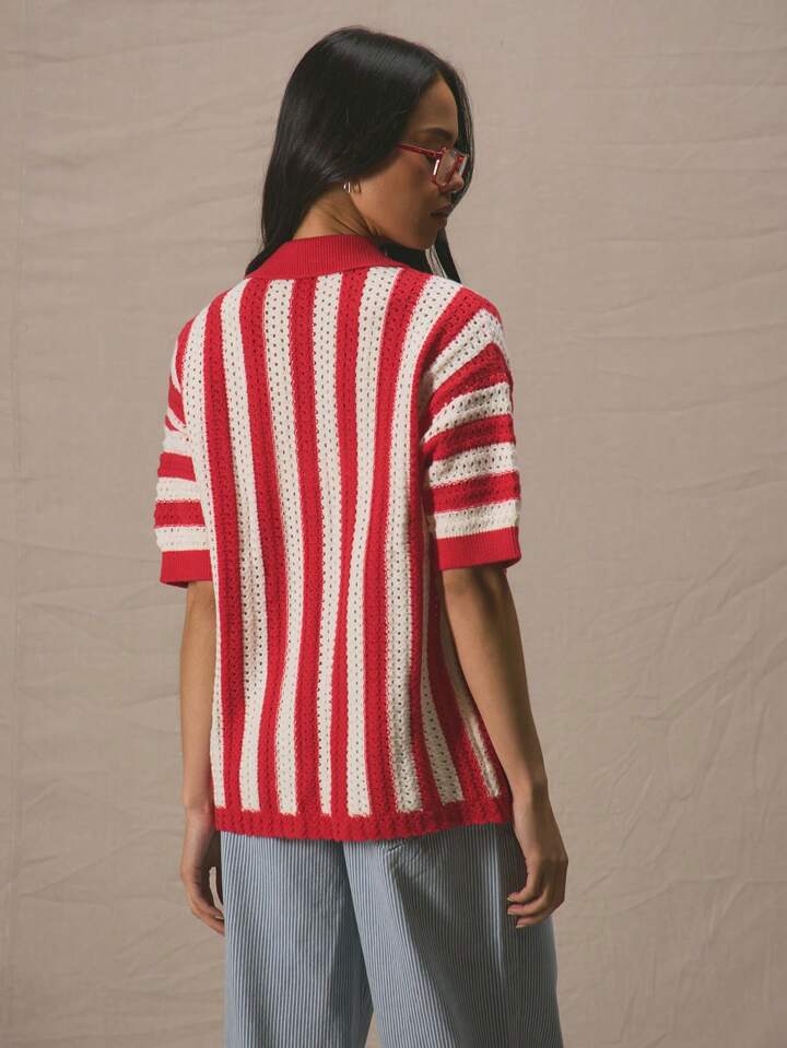 CM-CS831167 Women Casual Seoul Style Striped Drop Shoulder Button Through Short Sleeve Cardigan