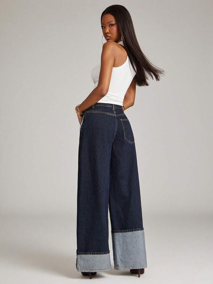 CM-BS844341 Women Casual Seoul Style Mid Rise Dark Wash High Low Asymmetric Cuffed Wide Leg Jeans