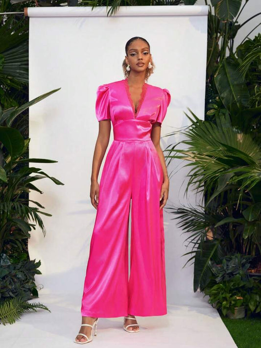 CM-JS005367 Women Elegant Seoul Style Lace V-Neck Short Sleeve Straight Leg Jumpsuit - Hot Pink