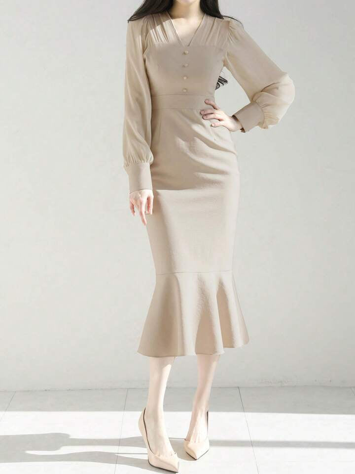 CM-DS531451 Women Elegant Seoul Style Solid Button Detail Long Sleeve Mermaid Hem Dress