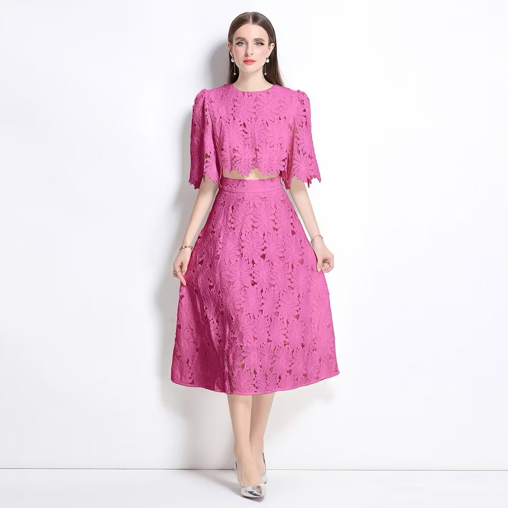 CM-SY041083 Women Elegant European Style Embroidered Round Neck Half Sleeve Blouse With High Waist Skirt - Set (Available in 3 colors)