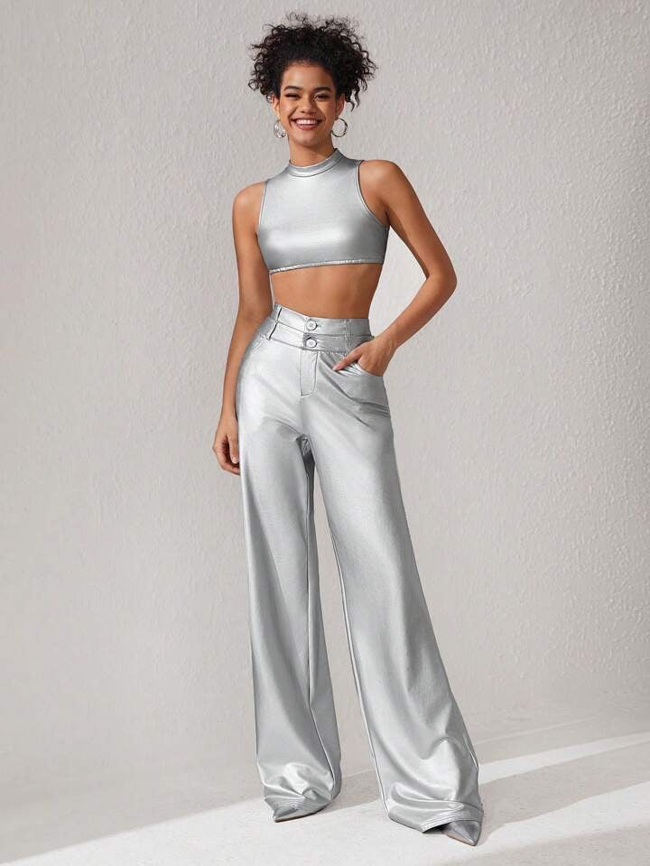 CM-BS714414 Women Elegant Seoul Style Metallic High Waist Wide Leg Pants - Silver