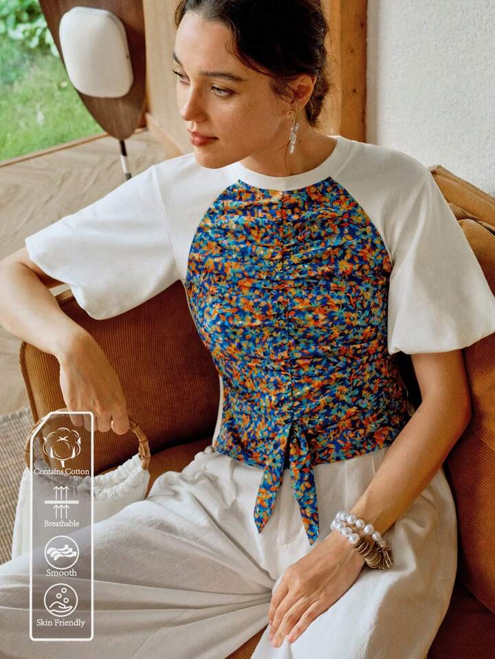 CM-TS240034 Women Casual Seoul Style Round Neck Floral Print Pachwork Puff Sleeve Bowknot T-Shirt