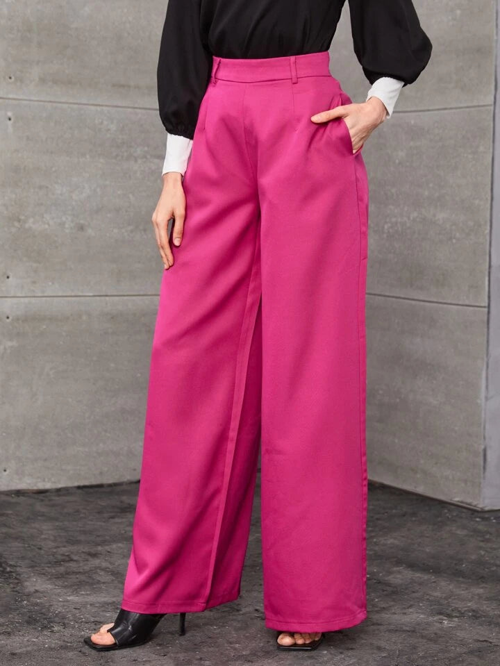 CM-BS678279 Women Elegant Seoul Style Solid Mid Waist Zip Back Wide Leg Pants - Hot Pink